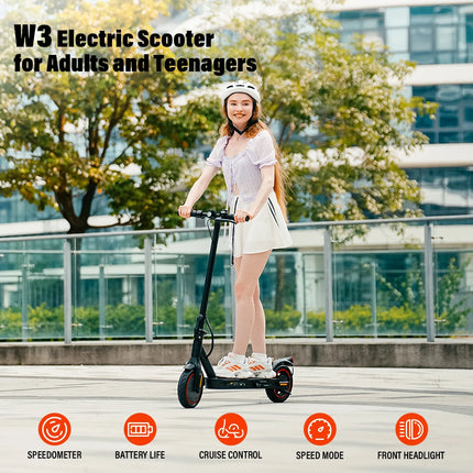 Monopattino Elettrico W3 con Motore da 350W, Batteria 36V10.4Ah, Autonomia 24-34km, Velocità Massima 30km/h, Trazione Posteriore, Pneumatici ad Aria