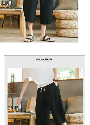 Pantaloni di lino da uomo in stile cinese Pantaloni a gamba larga da uomo con cavallo basso Pantaloni da uomo HipHop Pantaloni al polpaccio Pantaloni da pista Streetwear