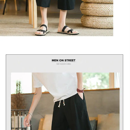 Pantaloni di lino da uomo in stile cinese Pantaloni a gamba larga da uomo con cavallo basso Pantaloni da uomo HipHop Pantaloni al polpaccio Pantaloni da pista Streetwear