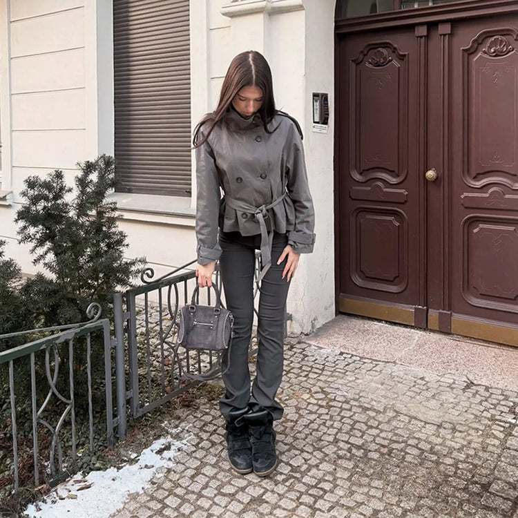 2026 Spring Women's Solid Lace Up Trench Coat Stand Collar Double Breasted Jacket Stylish New Lady Long Sleeve Outerwear Street