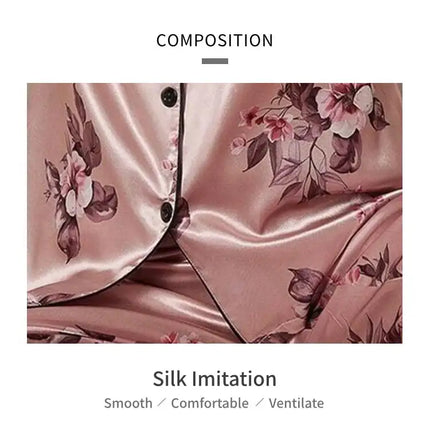 Pigiama da donna elegante pigiameria in raso Pj Set stampa floreale bottoni manica corta risvolto top e pantaloni lunghi indumenti da notte vestiti per la casa platinumshop