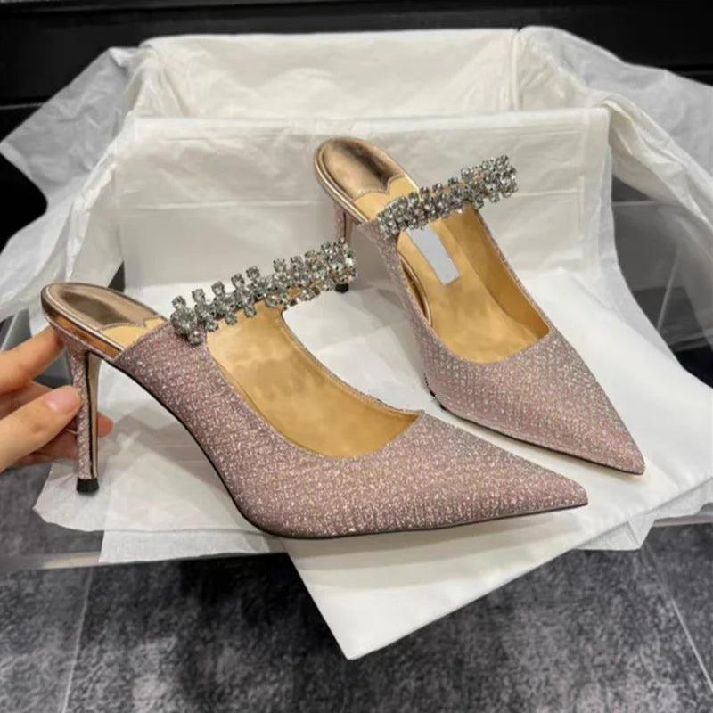 European and American Women Slippers 2025 Summer New Rhinestone High Heels Pointed Temperament Muller Shoes