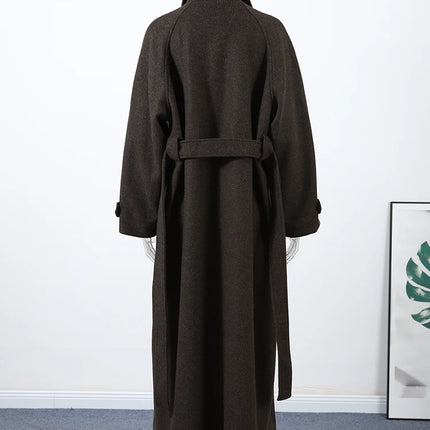 Women's Long Woolen Overcoats Stand Collar Single Breasted Lace Up Oversized Coat Autumn Winter Female Loose New Chic Outerwears