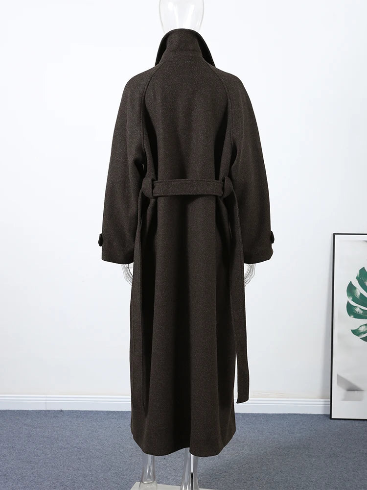 Women's Long Woolen Overcoats Stand Collar Single Breasted Lace Up Oversized Coat Autumn Winter Female Loose New Chic Outerwears