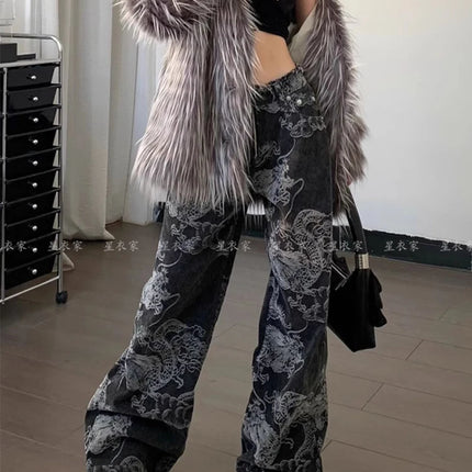 Donne Nero Gotico Drago Stampa Jeans Baggy Vintage Estetica Pantaloni Da Cowboy Harajuku Pantaloni In Denim Y2k Trashy 2000s Vestiti 2024