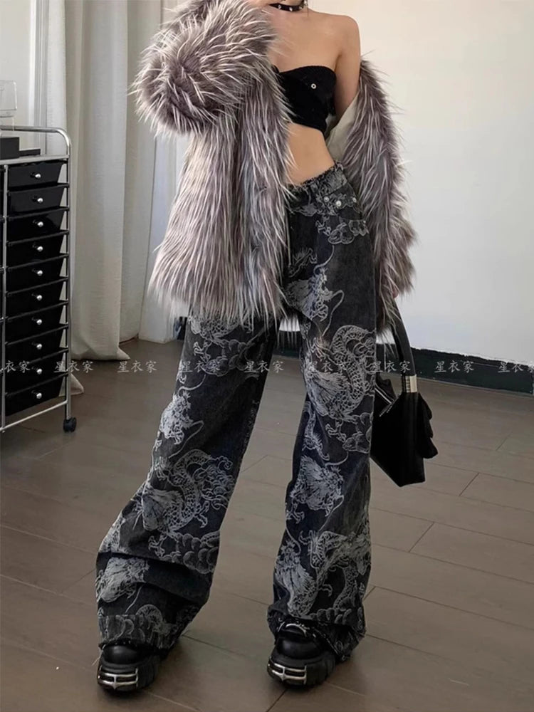 Donne Nero Gotico Drago Stampa Jeans Baggy Vintage Estetica Pantaloni Da Cowboy Harajuku Pantaloni In Denim Y2k Trashy 2000s Vestiti 2024