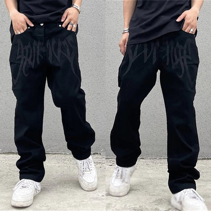 Men Y2K Embroidered High-waisted Straight Baggy Printed Jeans Hip Hop Teenager Boy Streetwear Skateboard Casual denim Trousers PlatiNum