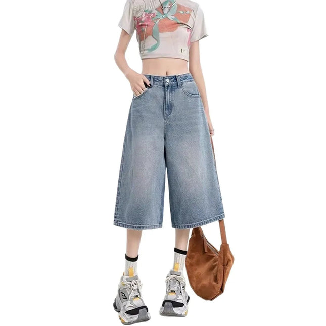 Women's Vintage Wide Leg Denim Capri Pants Shorts Summer New Plus Size Tummy Control Loose Straight Leg Casual Streetwear PlatiNum
