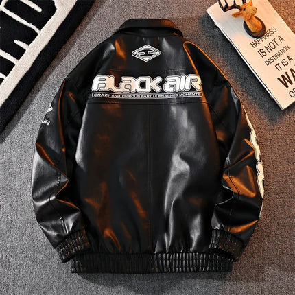 2026 New Men's American Racing Style Printed Leather Jacket Fashion Stand Collar Motorcycle Biker Coat Casual Outerwear PU