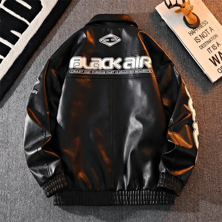 2026 New Men's American Racing Style Printed Leather Jacket Fashion Stand Collar Motorcycle Biker Coat Casual Outerwear PU