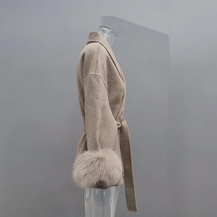 Elegant OL Office Lady Overcoats Fur Patchwork Long Sleeve Woolen Coat Beautiful Women's Clothing Jacket Autumn 2025 Spring
