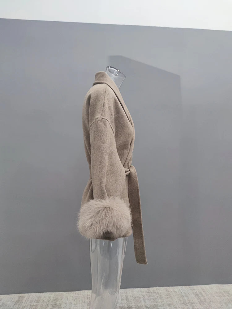 Elegant OL Office Lady Overcoats Fur Patchwork Long Sleeve Woolen Coat Beautiful Women's Clothing Jacket Autumn 2025 Spring
