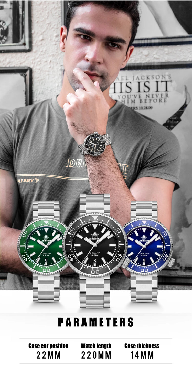 ADDIESDIVE Men's Automatic Mechanical Watch Sapphire Glass Super Luminous Watches Stainless Steel Hombre 100Bar Waterproof