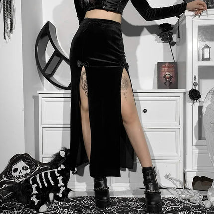Damen-Punk-Rock-Stil-Rock, neuartiger eleganter langer Rock für Halloween und Festivals, hohe Taille, schlanke Passform, mit sexy Schleife und seitlichem Schlitz, Knielang