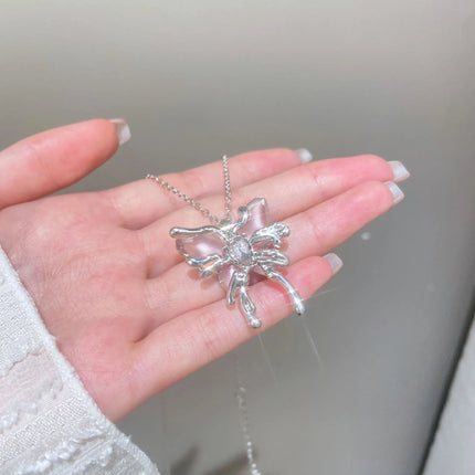 Y2K Sweet Cool Liquid Pink Butterfly Pendant Necklace Female Pink Zircon Water Drop Versatile Necklace Summer New Jewelry PlatiNum