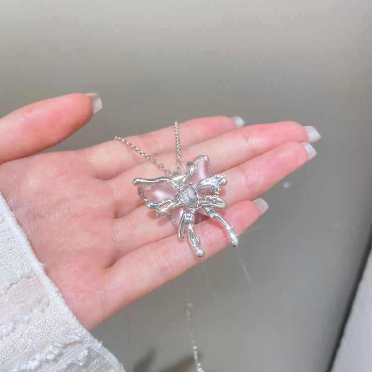 Y2K Sweet Cool Liquid Pink Butterfly Pendant Necklace Female Pink Zircon Water Drop Versatile Necklace Summer New Jewelry PlatiNum