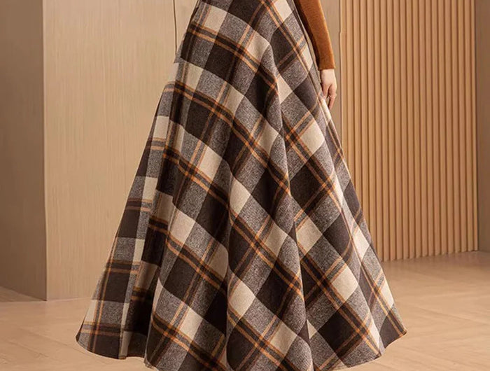 New Women Woolen Plaid Skirt Autumn Winter Fashion Elastic High Waist A-Line Wool Blended Long Skirt Simplicity Vintage Skirt PlatiNum