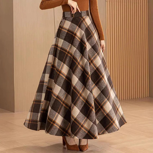 New Women Woolen Plaid Skirt Autumn Winter Fashion Elastic High Waist A-Line Wool Blended Long Skirt Simplicity Vintage Skirt PlatiNum