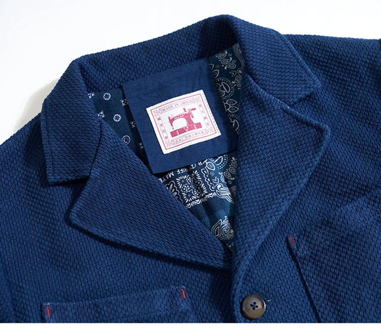 Men's Indigo Cargo Jacket Height Weight Cotton Lapel Multi-pocket Jacket Male French Vintage Thick Workwear Tooling Jacket Coat