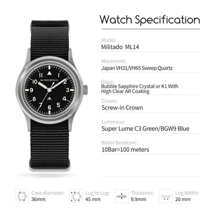 Militado ML14 36mm Orologio VH31 Sweep Secondo Movimento al quarzo Orologio Cristallo di zaffiro Super luminoso BGW9 C3 100m Orologi impermeabili platinumshop