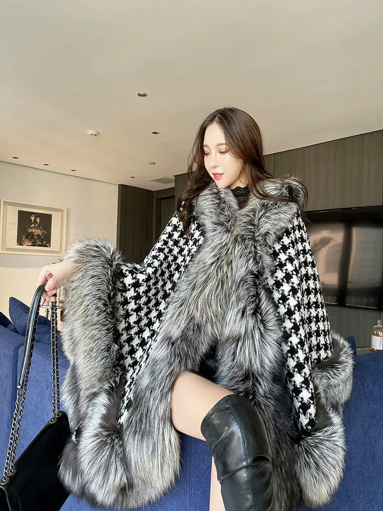 ZADORIN Autumn Winter Luxury Faux Fur Coat Women Elegant Houndstooth Tweed Warm Big Poncho Fur Shawl Cape Women Party Outerwear