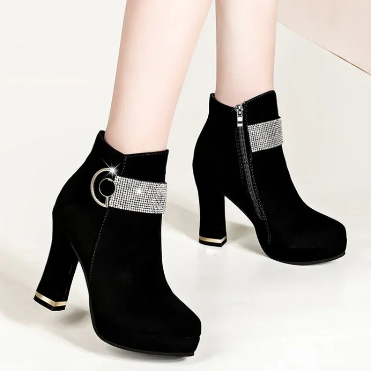 Fashionable Women's Red Wedding Shoes Autumn/winter Fleece-lined Thick Heel Short Boots Cotton Round Head Warm High Heels