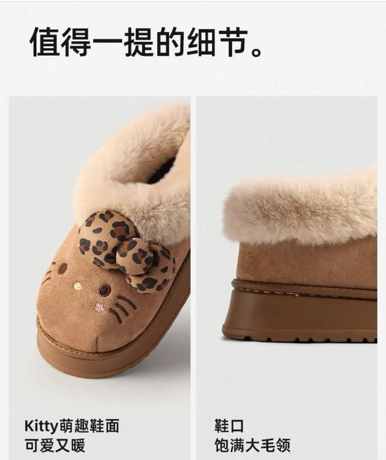 Sanrio Hello Kitty Winter Fleece Lined EVA Thick Mule Slippers Snowy Day Anti-Slip Warm Fleece Outdoor Slippers Women Snow Boots