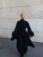 Lady Long Wool Blend Coat Stand Collar Faux Fur Cuffs Belted Waist Loose Oversized Maxi Wrap Outerwear Elegant Winter Overcoat