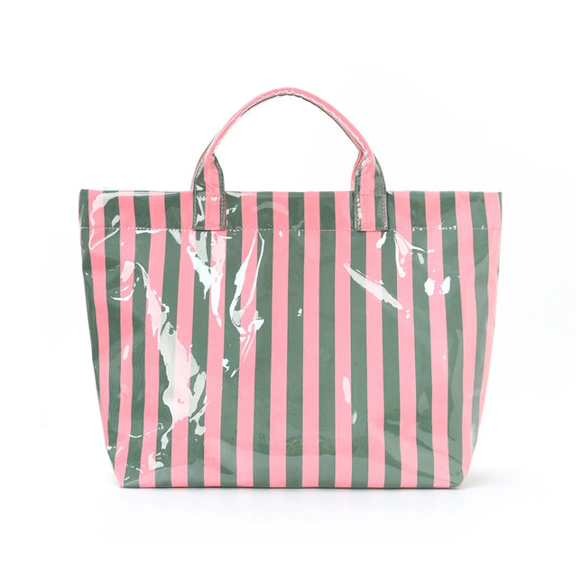 Striped PVC Tote Bag, Large Capacity Travel and Commuter Shoulder Bag | Lightweight Magnetic Bag with Inner Zip Pocket