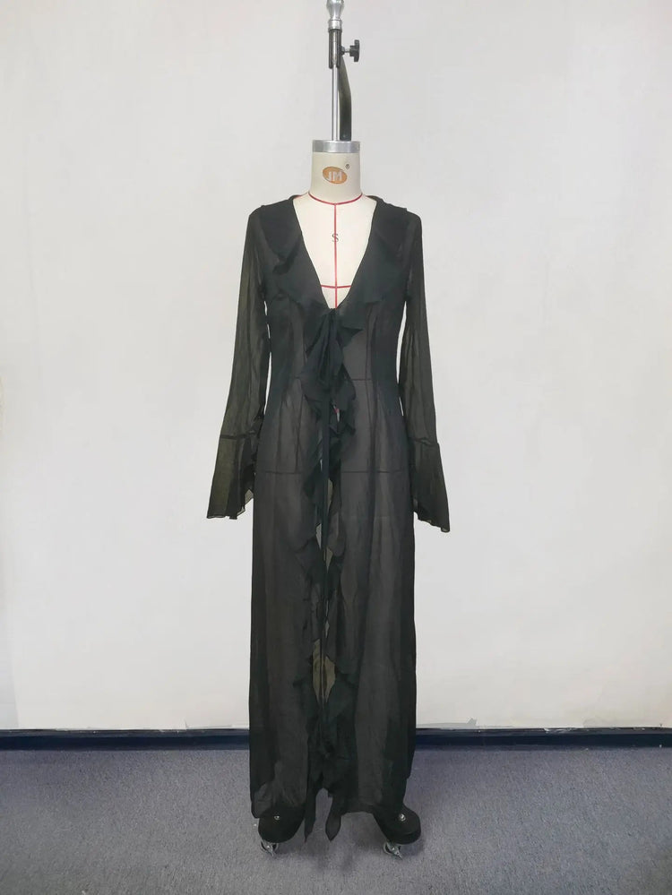 Abbigliamento da spiaggia con protezione solare a maniche lunghe Abbigliamento da donna Sexy scollo a V increspato Nero Bianco Nuova tunica in chiffon Copricostume da spiaggia platinumshop