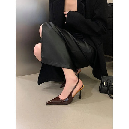 Eilyken Spring Fashion Sexy Thin Heels Pointed Toe Pumps Women Mule Shoes Elegant Patent Leather Banquet Striptease Sandals PlatiNum