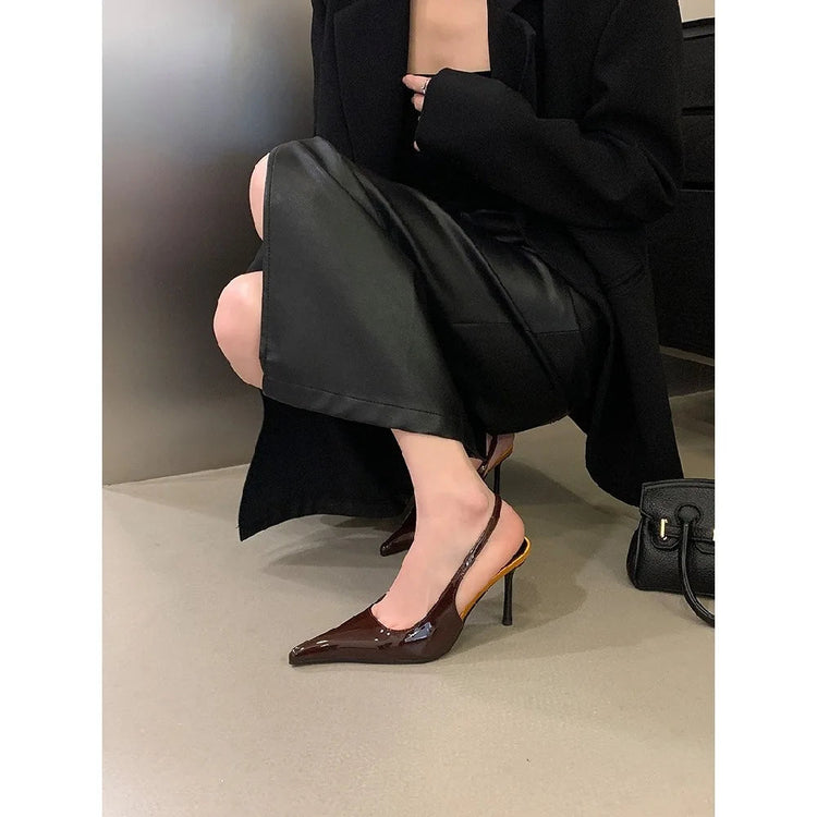 Eilyken Spring Fashion Sexy Thin Heels Pointed Toe Pumps Women Mule Shoes Elegant Patent Leather Banquet Striptease Sandals PlatiNum