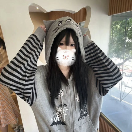 Japanese Harajuku Kawaii Long Sleeve Hoodie Women Cat Ears Sweet Sweatshirt Lace Striped Zipper Casual Cartoon 2025 Autumn