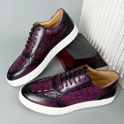 Newest 2025 Spring Men Genuine Leather Casual Sneakers Lace Up Handmade Crocodile Design Men Daily Leather Footwear Purple