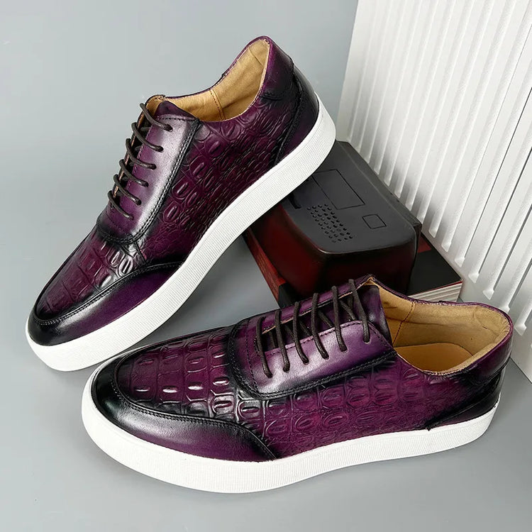 Newest 2025 Spring Men Genuine Leather Casual Sneakers Lace Up Handmade Crocodile Design Men Daily Leather Footwear Purple