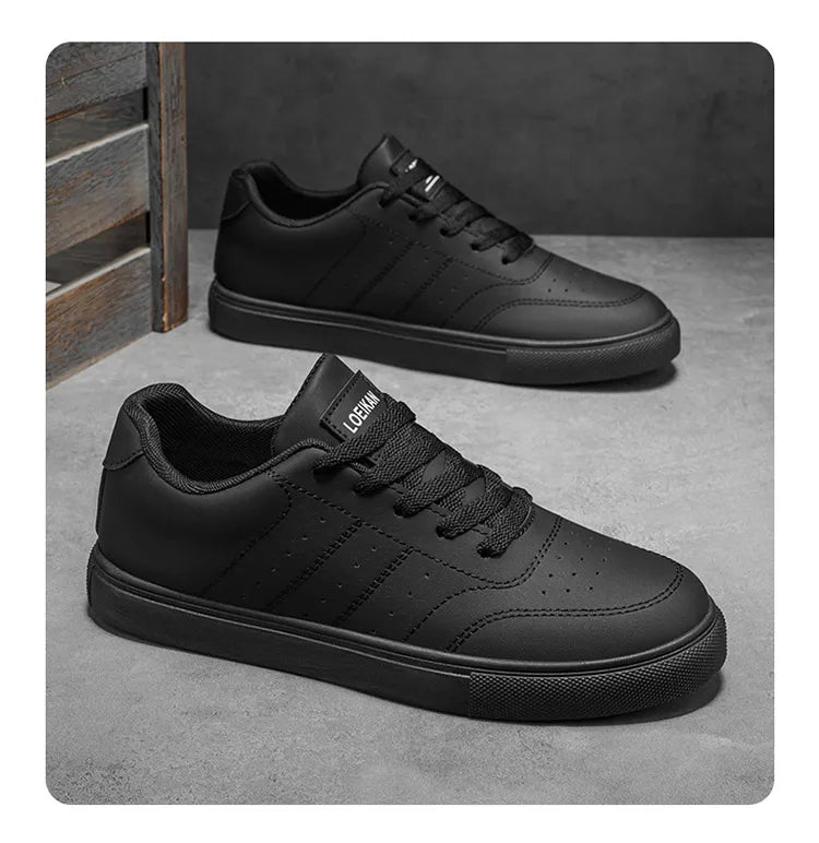 Men Classic Leather Skate Shoes Lace Up Flat Casual Sneakers Non Slip Daily Walking Footwear Black White 2 Colors