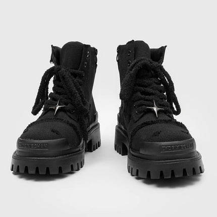 Four cornered star thick soled men high top boots European American anti kick height increasing anti slip retro motorcycle boots