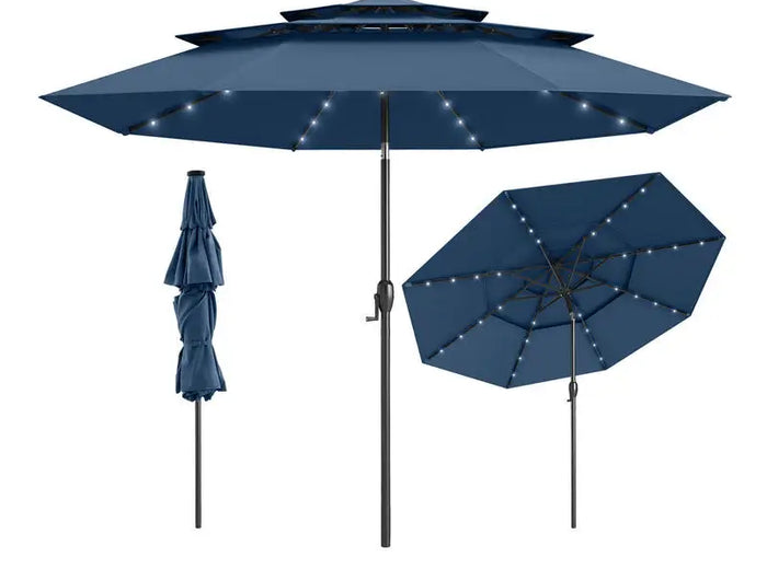Ombrellone da patio solare da 10 piedi con 32 luci a LED, parte superiore ventilata a 3 livelli, colore blu navy