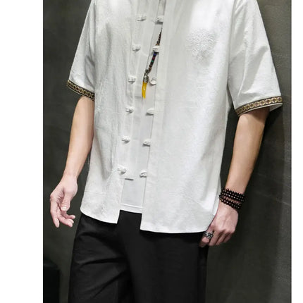 Camicie da Uomo Ricamate in Stile Cinese Retrò, Traspiranti in Lino, Comode, Casual Kung Fu, Abito Tang con Colletto Rialzato
