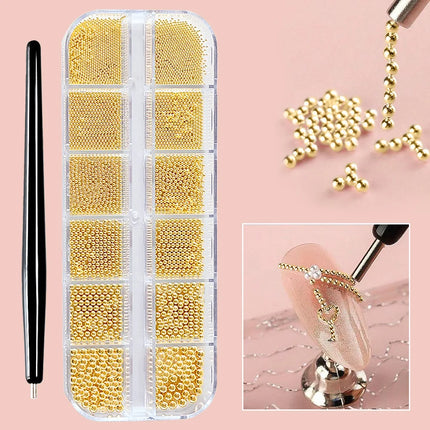 12Grid Metal Micro Caviar Beads Nail Art Charms, Gold Silver Mini Balls, 3D Nail Gem Decor with Magnetic Pen for DIY Nail Decoration