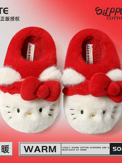 Women Cute Hello Kitty Thick Platform Plush Slippers Warm Fuzzy Non-Slip Bowknots Winter Indoor Bedroom Cozy Fluffy House Slides