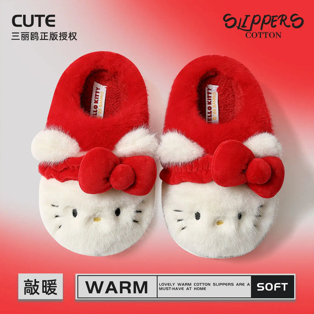 Women Cute Hello Kitty Thick Platform Plush Slippers Warm Fuzzy Non-Slip Bowknots Winter Indoor Bedroom Cozy Fluffy House Slides