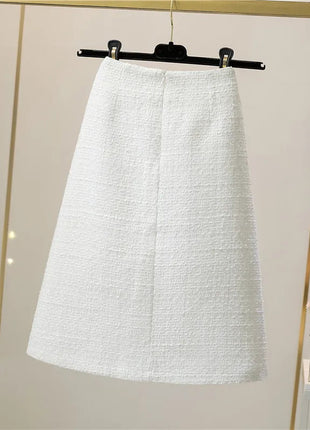 Women's Mid-Length/Short White Black Tweed High-Waist Woolen A-Line Autumn Winter Fragrant Silk Skirt PlatiNum