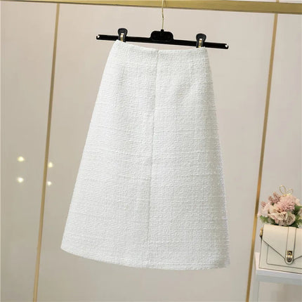 Women's Mid-Length/Short White Black Tweed High-Waist Woolen A-Line Autumn Winter Fragrant Silk Skirt PlatiNum