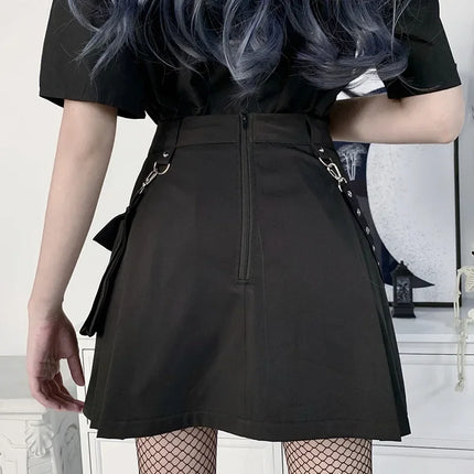 Harajuku Punk gotico nero a vita alta gonne nere donne Sexy Patchwork fasciatura Mini gonna nera Streetwear femminile