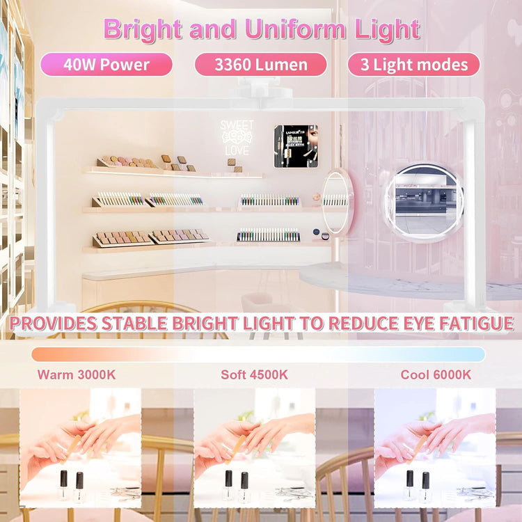 34' Nails Tech Light with Phone Stand 3000K-6000K Color Temperature Led Desk Lamp for Nail, Tattoos, Eyebrows, Beauty Diamond