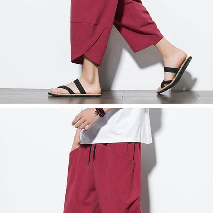 Pantaloni Estivi da Uomo 2026 Stile Cinese in Cotone e Lino, Pantaloni Harem Traspiranti da Spiaggia, Pantaloni Casual a Tre Quarti, Streetwear