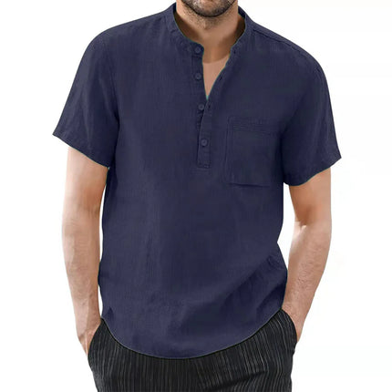 Men's Short Sleeve Cotton Linen T-shirt Casual Solid Color Men's Summer Shirt Cozy and Breathable