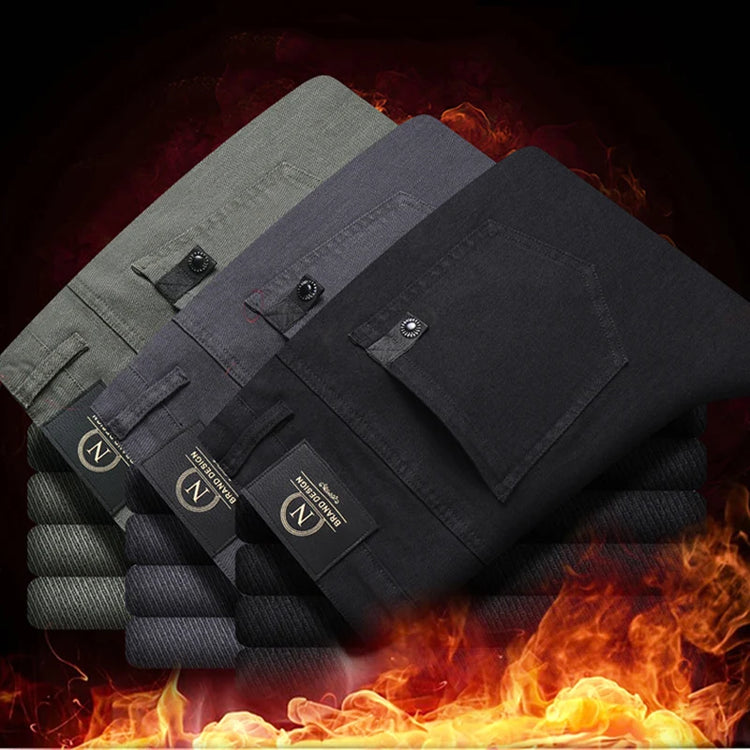 Winter New Business Fashion Casual Elastic Comfort Velvet Trouser Fleece Casual Pants Men's Straight Slim Thick Warm Male