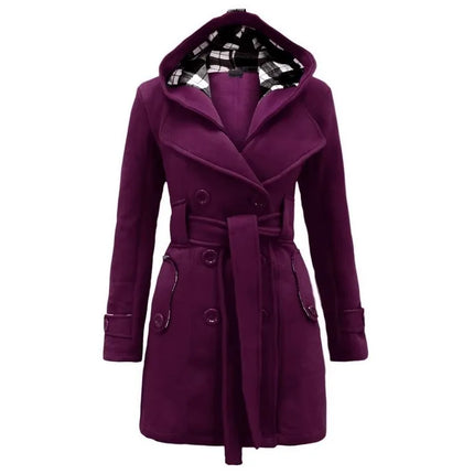 2026 Autumn Women's Hooded Overcoat Trend Double-Breasted Design Belt Side Pockets Plaid Splice Woolen Coats Winter Jacket Femme